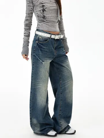 Jeans Rétro American High Street Avec Moustaches de Chat Lavées Pantalon Denim Large Unisexe Streetwear Vintage