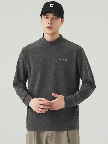 Men's Mock Neck Long Sleeve T-Shirt Loose Fit Polyester Wool Silk Blend Autumn Winter Basic Top With Letter Print