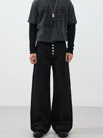 Old Money Style Double Pleated Five Button Fly Cargo Pants For Unisex American Vintage Slouchy Floorsweeping Loose Fit Solid Cotton Casual Pants