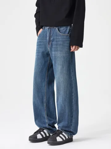 Men's Vintage Washed Straight Leg Jeans Loose Fit Pure Cotton Denim Pants For Autumn Casual Streetwear Trendy Bottoms