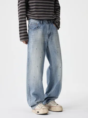 Men's American High Street Vintage Straight Leg Cotton Jeans Washed Distressed Ink Splatter Hip Hop Denim Long Pants
