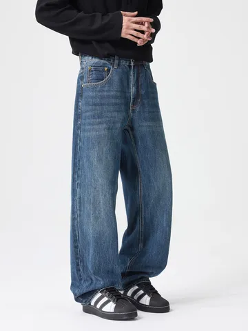 Men's Vintage Washed Straight Leg Jeans Loose Fit Pure Cotton Denim Pants For Autumn Casual Streetwear Trendy Bottoms