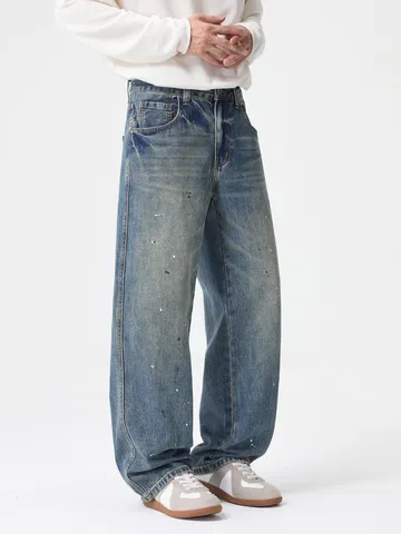 Men Retro High Street Ink Splash Straight Leg Jeans Loose Fit Washed Distressed Denim Pants Hip Hop Streetwear Trousers