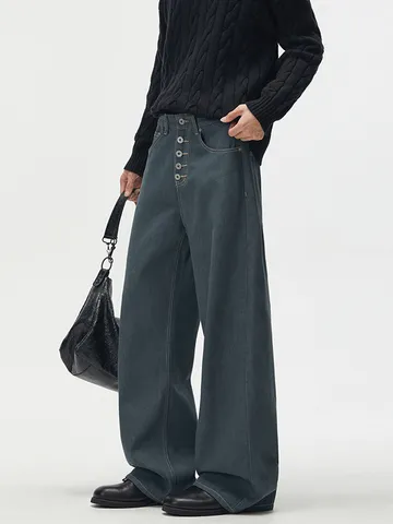 Unisex Retro Distressed Straight Wide Leg Jeans Five-Button Fly High Waist Denim Pants Relaxed Fit Cotton Casual Trousers