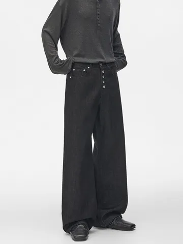 Men American Vintage Raw Black Jeans Multi Button Fly Loose Straight Leg Denim Pants Cleanfit Style Floor Length Trousers
