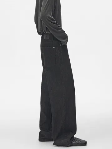 Men American Vintage Raw Black Jeans Multi Button Fly Loose Straight Leg Denim Pants Cleanfit Style Floor Length Trousers