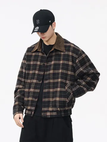Heren Retro Casual Geruit Garengefingd Katoen Jas Met Corduroy Splicing Omslagkraag Single-Breasted Kort Los Top