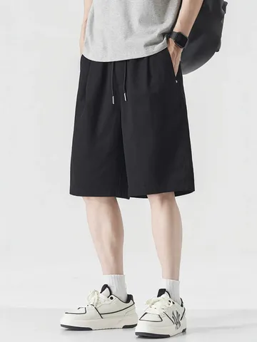 Men Casual Lyocell Cotton Shorts Loose Fit Straight Leg Solid Color Drawstring Waist Lightweight Breathable Summer Athletic Short Pants For Teens