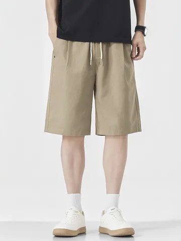 Men Casual Lyocell Cotton Shorts Loose Fit Straight Leg Solid Color Drawstring Waist Lightweight Breathable Summer Athletic Short Pants For Teens