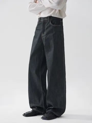 Herren Retro High Street Baumwolle Raw Denim Jeans Ausgestellt Locker Kontrastnähte Lange Hose Old Money Stil Weite Hose