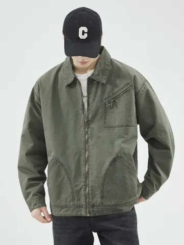 Veste en Toile Lavée Lourde Américaine Vintage pour Hommes Coupe Large Patchwork avec Fermeture Éclair Multi Poches en Coton Workwear Utility
