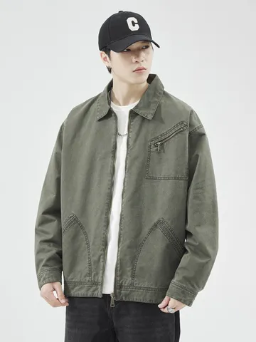 Veste en Toile Lavée Lourde Américaine Vintage pour Hommes Coupe Large Patchwork avec Fermeture Éclair Multi Poches en Coton Workwear Utility