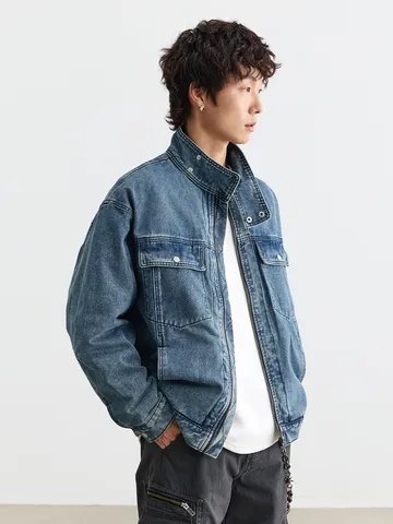 Veste en Jean Workwear Rétro Américaine pour Hommes Décontractée Cleanfit Col Montant Zippée Veste en Coton pour Hommes Automne