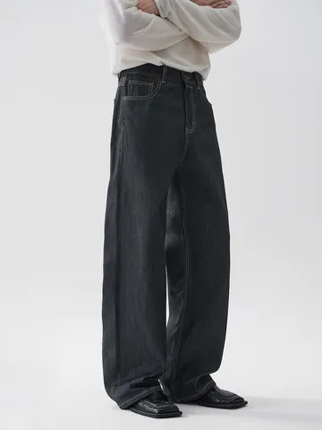Men Retro High Street Cotton Raw Denim Flare Jeans Loose Fit Contrast Stitching Long Pants Old Money Style Wide Leg Trousers