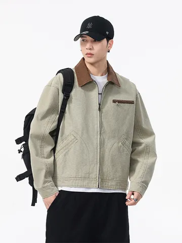 Veste Workwear en Coton Rétro pour Hommes Cleanfit High Street Courte à Revers Col Velours Côtelé Contrasté Top