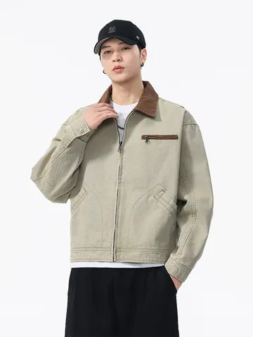 Veste Workwear en Coton Rétro pour Hommes Cleanfit High Street Courte à Revers Col Velours Côtelé Contrasté Top