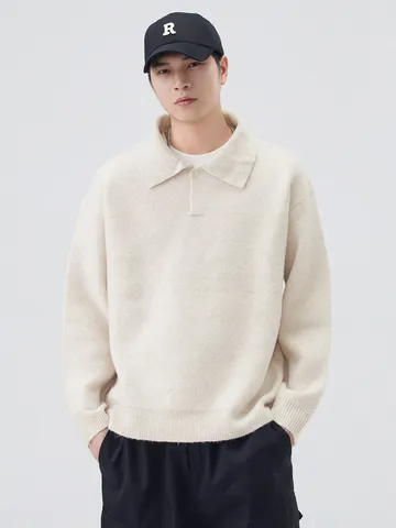 Unisex Old Money Style Polo Lapel Sweater Loose Knitwear Long Sleeve Casual Top Polyester Pullover Knit Shirt