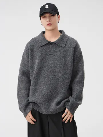Unisex Old Money Style Polo Lapel Sweater Loose Knitwear Long Sleeve Casual Top Polyester Pullover Knit Shirt