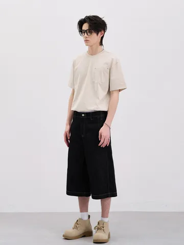 Pantaloni Cropped in Denim Nero Grezzo Lavato Retro Americano per Uomo High Street Jeans in Cotone Larghi Casual