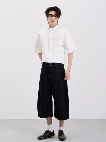 Men Casual Cotton Washed Denim Crop Pants Straight Leg Curved Cut Mid Rise Wide Leg Jeans For Teens American High Street