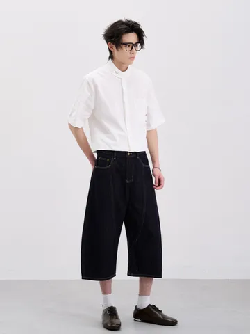 Men Casual Cotton Washed Denim Crop Pants Straight Leg Curved Cut Mid Rise Wide Leg Jeans For Teens American High Street