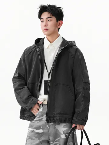 Herren Vintage Distressed Baumwolle Denim Jacke Lockere Passform Kapuzenjacke Retro Washed High Street Top Für Alltag Lässig