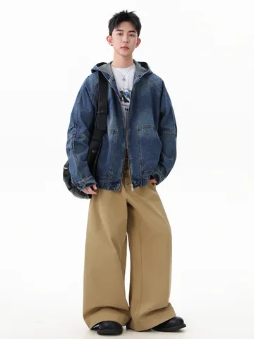 Herren Vintage Distressed Baumwolle Denim Jacke Lockere Passform Kapuzenjacke Retro Washed High Street Top Für Alltag Lässig