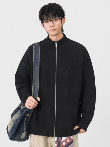 Men Retro Cardigan Sweater Jacket Vintage Stand Collar Knitwear Loose Patchwork Full Zip Coat Winter Fashion Outerwear Top