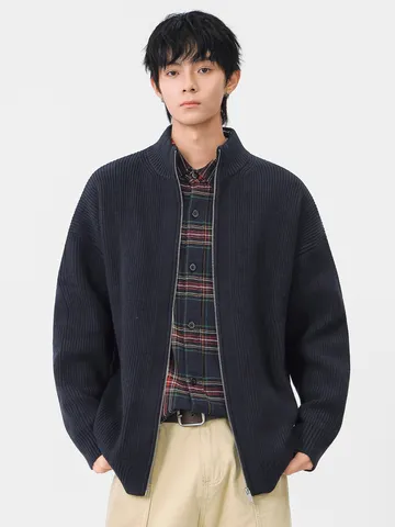 Men Retro Cardigan Sweater Jacket Vintage Stand Collar Knitwear Loose Patchwork Full Zip Coat Winter Fashion Outerwear Top