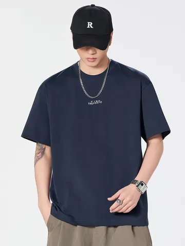 Maglietta da Uomo Casual Larga in Misto Cotone con Lettere Ricamate Stile Minimalista Giapponese Girocollo Manica Corta Top per l'Estate