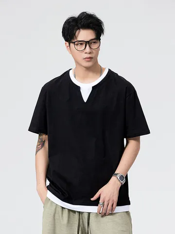 Unisex Casual Fake Two-Piece Short Sleeve Polo Shirt Loose Cotton T-Shirt Summer Layered Top Comfortable Fashion Streetwear