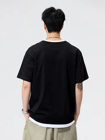 Unisex Casual Fake Two-Piece Short Sleeve Polo Shirt Loose Cotton T-Shirt Summer Layered Top Comfortable Fashion Streetwear