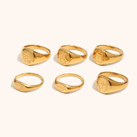 Anillo de Sello de Acero Inoxidable Estilo Oceánico para Mujer Chapado en Oro de 18K Patrón de Caracol y Ola Grabado