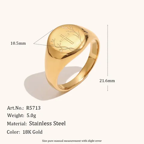 Anillo de Sello de Acero Inoxidable Estilo Oceánico para Mujer Chapado en Oro de 18K Patrón de Caracol y Ola Grabado