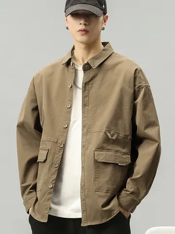 Men Retro Utility Cargo Shirt Long Sleeve Loose Fit Cotton Casual Turn Down Collar Multi Pocket Button Up Solid Color Top Jacket