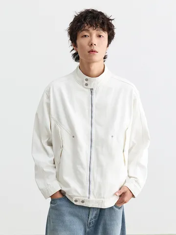 Blouson Bomber Vintage Américain Col Montant Hommes Femmes Boxy Streetwear Cargo Vêtement d'Extérieur Couleur Unie Coton Veste Top