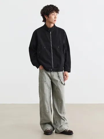 Blouson Bomber Vintage Américain Col Montant Hommes Femmes Boxy Streetwear Cargo Vêtement d'Extérieur Couleur Unie Coton Veste Top