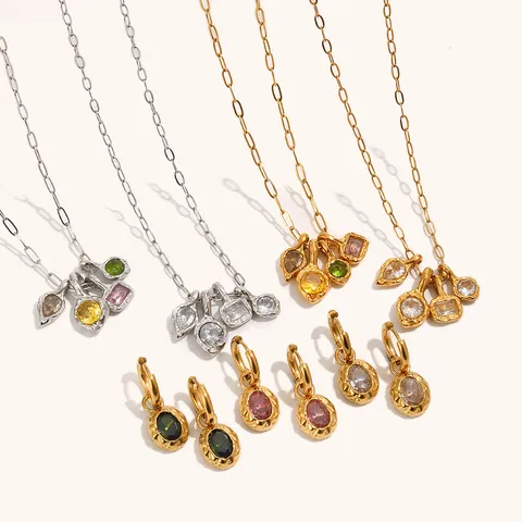 Fashion Stainless Steel Hammered Geometric Rhinestone Pendant Necklace Drop Earrings Set For Women 18K Gold Plated Jewelry