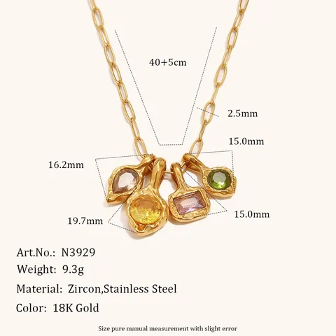 Fashion Stainless Steel Hammered Geometric Rhinestone Pendant Necklace Drop Earrings Set For Women 18K Gold Plated Jewelry