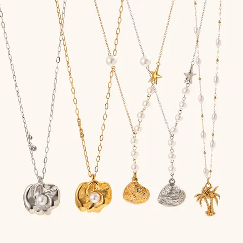 Stainless Steel Ocean Theme Artificial Pearl Shell Necklace For Women 18K Gold Plated Coconut Tree Starfish Pendant Beach Jewelry