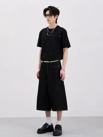 Men American High Street Cropped Jeans Loose Wide Leg Straight Denim Pants Washed Black High Street Fashion Bottoms