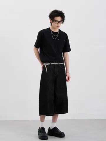 Men American High Street Cropped Jeans Loose Wide Leg Straight Denim Pants Washed Black High Street Fashion Bottoms