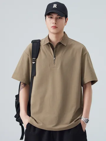 Amerikaanse High Street Heren Gelaagde Look Poloshirt Halve Rits Geruite Kraag Korte Mouw Top Streetwear Casual Zomer T-shirt