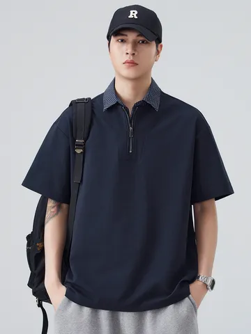 Amerikaanse High Street Heren Gelaagde Look Poloshirt Halve Rits Geruite Kraag Korte Mouw Top Streetwear Casual Zomer T-shirt
