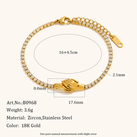 Bracciale a Catena a Griffe in Acciaio Inossidabile Stile Ins Stretta di Mano Placcato Oro Geometrico Strass Braccialetto da Mano per Donna Gioielli Moda