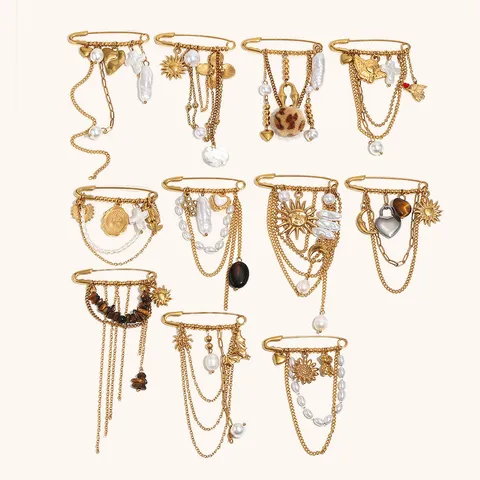 Broche Gland en Acier Inoxydable Plaqué Or 18K Avec Perle Artificielle Soleil Lune Imprimé Léopard Pierre Naturelle Broche Rétro Femme