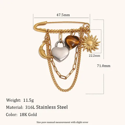 Broche Gland en Acier Inoxydable Plaqué Or 18K Avec Perle Artificielle Soleil Lune Imprimé Léopard Pierre Naturelle Broche Rétro Femme