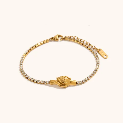 Bracciale a Catena a Griffe in Acciaio Inossidabile Stile Ins Stretta di Mano Placcato Oro Geometrico Strass Braccialetto da Mano per Donna Gioielli Moda