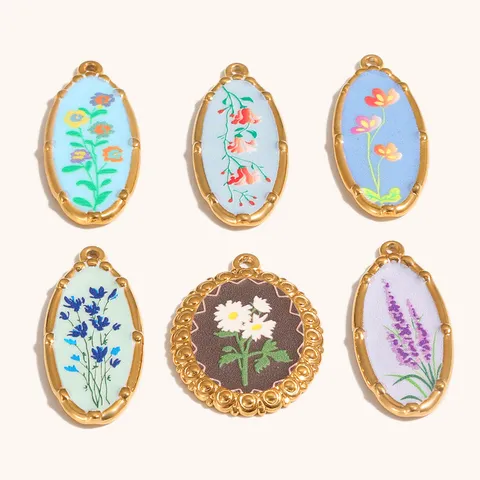 Stainless Steel Gold Plated Oval Floral Charms Vintage Aesthetic Small Botanical Flower Pendants For DIY Jewelry Making Necklaces