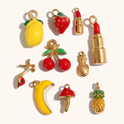 Stainless Steel 18K Gold Plated Enamel Fruit Charms For Jewelry Making Strawberry Lemon Lipstick High Heel Pendant DIY Necklace Bracelet Accessories Women Jewelry